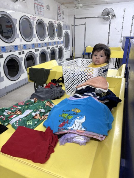 A toddler sitting in a laundry basket on the folding table at Rudy's Laundromat