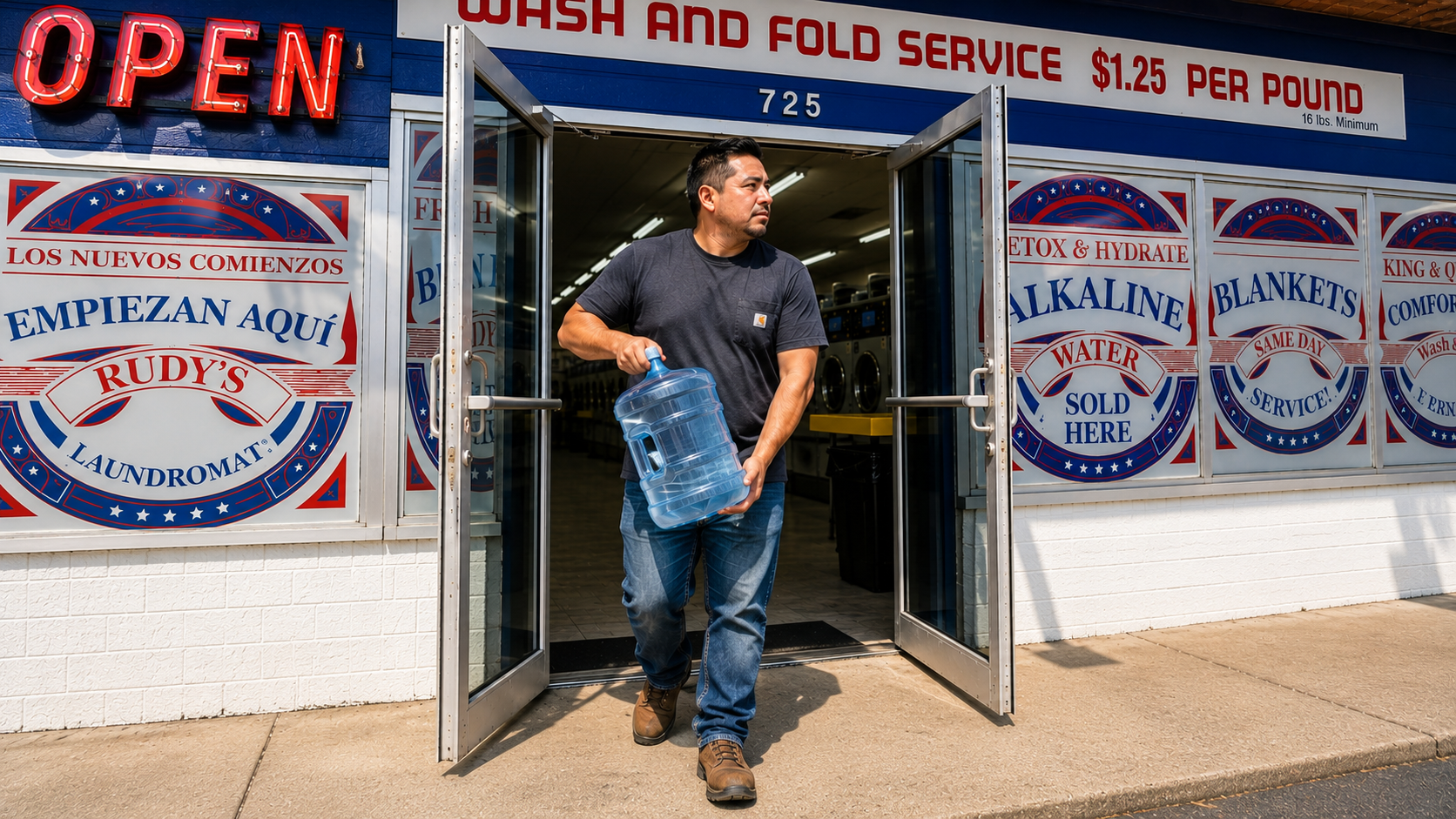 Customer carrying alkaline water at Rudy's Laundromat