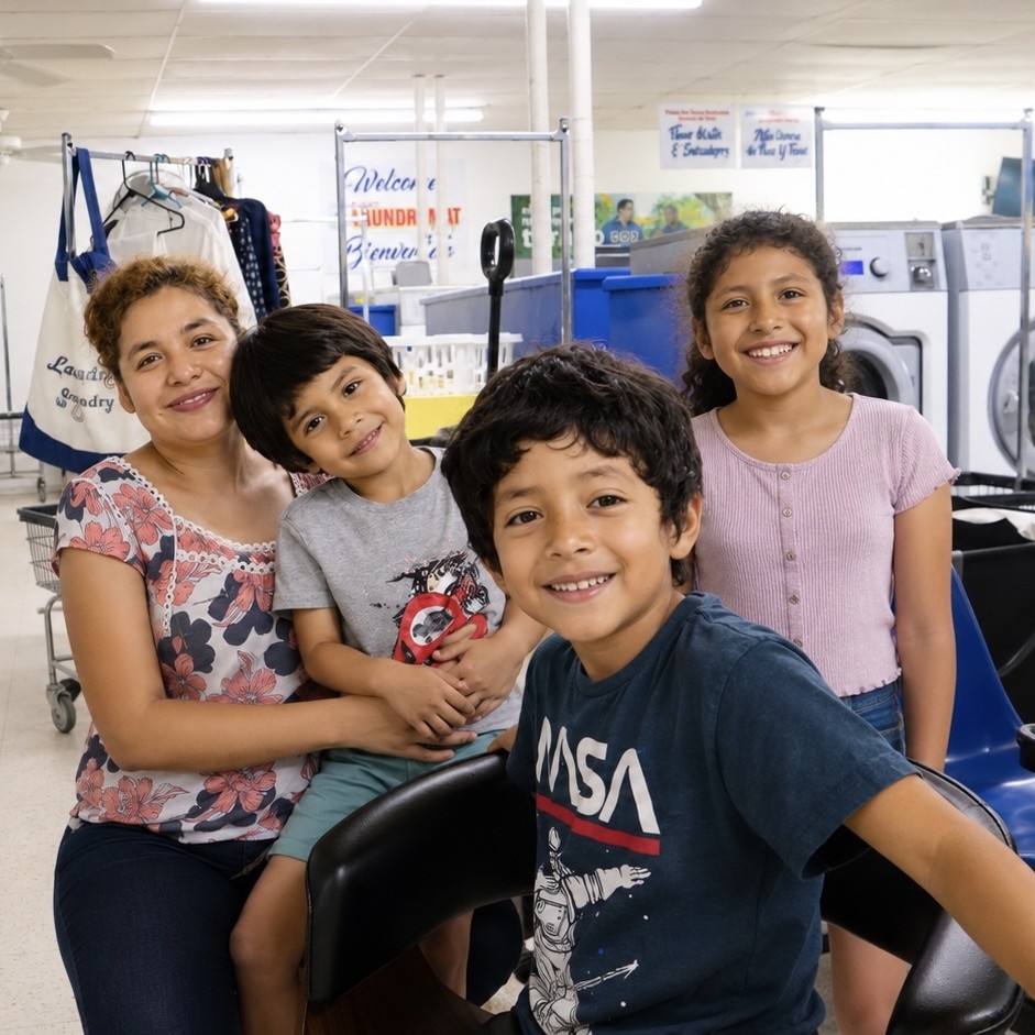 A local family together at Rudy's Laundromat