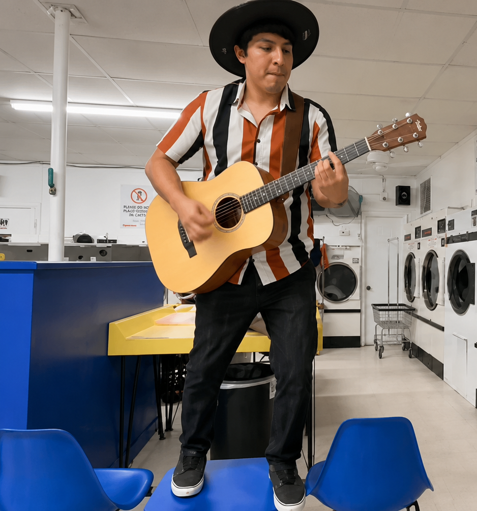A local musician playing guitar inside Rudy's Laundromat